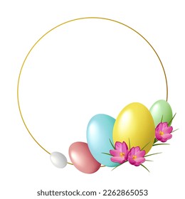 Round golden frame with Easter eggs and flowers isolated on white background. Place for text. Vector illustration for social media post, greeting card or invitation.