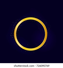 Round golden frame with lights effect on dark background. Shining banner with stars and glitter. Vector template