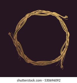 Round golden frame made of branches. Decorative element for design work in the boho style. Wreath on a dark background.