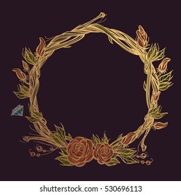 Round golden frame made of branches with roses and flower buds. Decorative element for design work in the boho style. Wreath on a dark background.