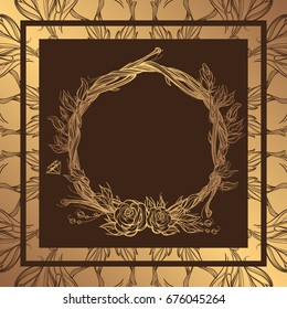 Round golden frame made of branches with roses and flower buds. Decorative element for design work in the boho style. Wreath on a dark background.