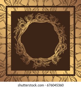 Round golden frame made of branches with lush flowers. Decorative element for design work in the boho style. Wreath on a dark background.