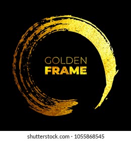 Round golden frame made of brush stroke. Vector design element.