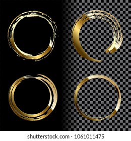 Round golden frame made of brush strokes isolated on transparent background. Vector design element set.