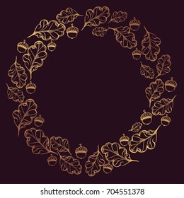 Round golden frame of oak leaves and acorns. Vector illustration on dark purple background.