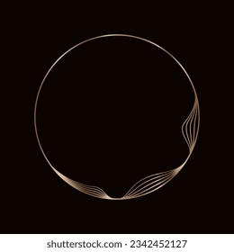 Round golden frame on a black background, golden element in art deco style. Vector abstract linear object.
