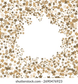 Marco dorado redondo de estrellas de dispersión aleatoria sobre fondo blanco. Elemento de diseño para Anuncios festivos, tarjetas...