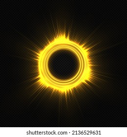 Marco dorado redondo, bordes brillantes con polvo brillante o de hadas, anillo brillante. Círculo brillante. Un elegante anillo de luz iluminado sobre un fondo oscuro. 