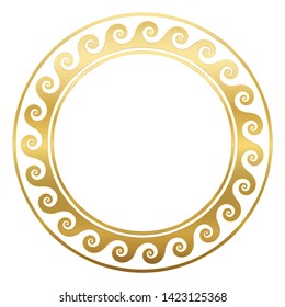 Round golden frame with spirals or waves, seamless greek pattern. Decorative antique border, repeated geometric motif. Isolated vector on white background.
