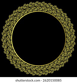Round golden frame with unusual pattern on black background