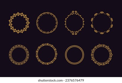 Round golden frames with ornate decoration. Yellow blank circles with vintage decoration for picture and photo from wedding and holiday vector events
