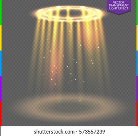 Round golden glow rays night scene with sparks on transparent background. Empty light effect podium. Disco club dance floor. Show party lamp in fog. Ufo beam stage