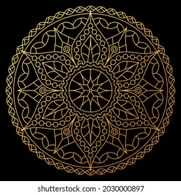 Round golden gradient mandala with plant ornament, isolated on black background. Vector design.