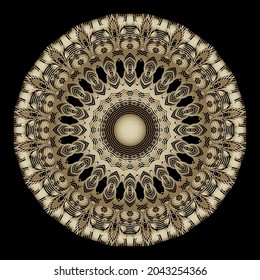 Round golden grunge mandala pattern. Ornamental vector beautiful background. Decorative modern backdrop. Lines floral gold ornament. Abstract flower. Rosette. Plate. Textured ornate trendy design.