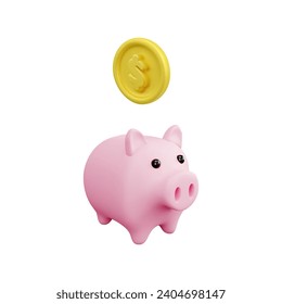 Round golden icon with dollar sign falling into piggy bank 3D style, vector illustration isolated on white background. Money storage and accumulation, decorative design element, finance