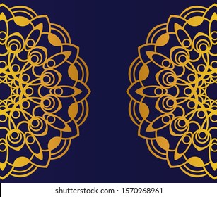 Round golden mandala on dark blue background. Vector boho mandala with floral patterns. Cover with gold symbol of life and health.
