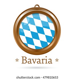 Round golden medallion with the flag of Bavaria inside. Free State of Bavaria flag. Vector illustration