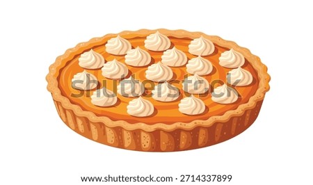 Round golden pie filled with orange filling and topped with whipped cream rosettes arranged in a neat circular pattern with a glossy glaze and inviting aroma.