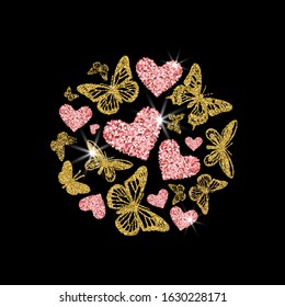 Round of golden, pink glitter hearts and butterflies. Beautiful silhouettes on white background. For Valentines day, wedding invitations, cards, branding, label, concept design. Vector illustration.
