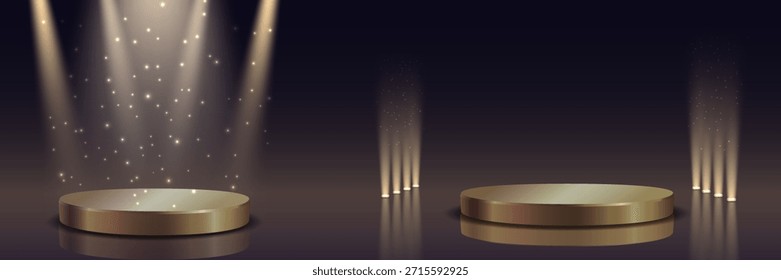 Podio dorado redondo con rayos de luz.