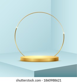 Round golden podium with ring standing on blue pastel background. 3d pedestal for product in spotlight vector illustration. Gold stage with circle glowing in sparkles. Abstract realistic decoration.