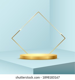 Round golden podium with square frame standing on blue pastel background. 3d pedestal for product vector illustration. Gold stage with rectangle glowing in sparkles. Abstract realistic decoration.