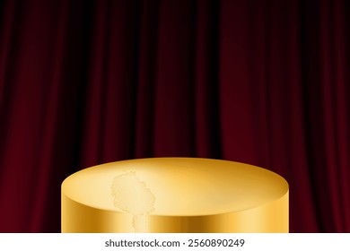 Round golden podium or table with red curtain on background. Can be used for product demonstration. Realistic vector illustration