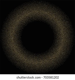 Round golden powder frame or border of random scatter golden circles isolated on black.