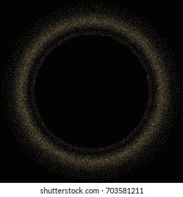 Round golden powder frame or border of random scatter golden circles isolated on black.