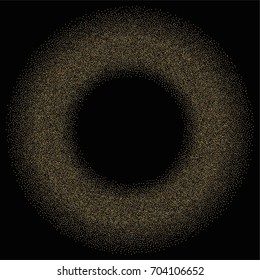 Round golden powder frame or border of random scatter golden circles isolated on black.