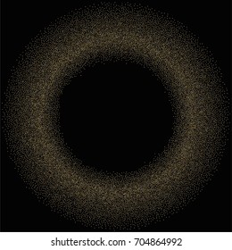 Round golden powder frame or border of random scatter golden circles isolated on black.