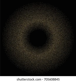 Round golden powder frame or border of random scatter golden circles isolated on black.