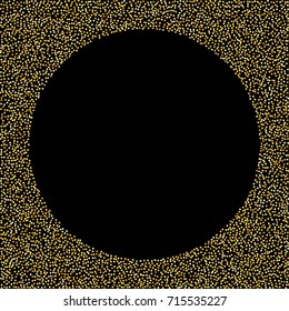 Round golden powder frame or border of random scatter golden circles isolated on black.