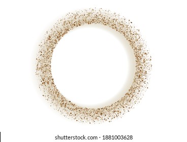 Round golden sand frame or border of random scatter golden circles isolated on white. Vector.
