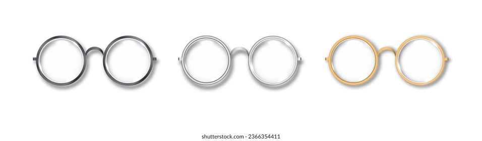 Gafas redondeadas de oro, plata y marco negro aisladas, Accesorio de gafas de sol transparentes. Lente óptica vintage Gafas de moda. Vector