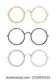 Conjunto de gafas redondas doradas, plateadas y negras aisladas, accesorio de gafas de sol transparentes. Lente de óptica vintage de moda Gafas. Vector