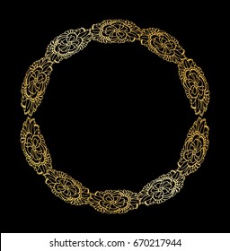 Round golden single border, styling antique golden frame for home decor, unique wedding gift, floral pattern, vector flat style illustration isolated on black background