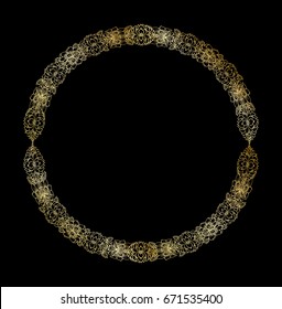 Round golden single border, styling antique golden frame for home decor, unique wedding gift, floral pattern, vector flat style illustration isolated on black background