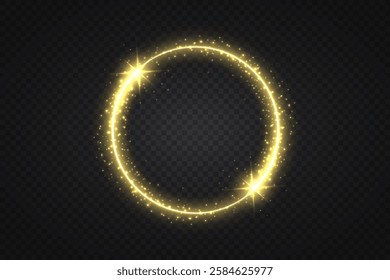 Round golden sparkling frame with glowing light effects, isolated on a black background. A luxurious vector illustration featuring a shimmering gold ring with sparkles and radiant reflections