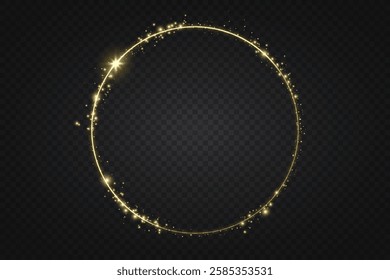 Round golden sparkling frame with glowing light effects, isolated on a black background. A luxurious vector illustration featuring a shimmering gold ring with sparkles and radiant reflections