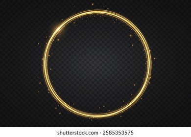 Round golden sparkling frame with glowing light effects, isolated on a black background. A luxurious vector illustration featuring a shimmering gold ring with sparkles and radiant reflections