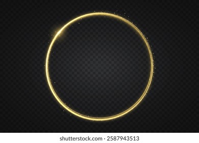 Round golden sparkling frame with glowing light effects, isolated on a black background. A luxurious vector illustration featuring a shimmering gold ring with sparkles and radiant reflections