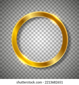 Round golden sparkling frame isolated on a transparent background. Golden shiny glowing round frame isolated over dark background. Gold metal ring luxury, blank circle border
