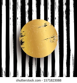 Round golden stamp vector illustration. Glittering metallic circle on striped black background. Shining grunge element with copyspace. Foil brush texture. Luxury, premium, elegant design