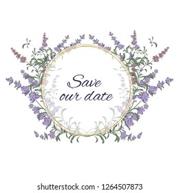Round Golden vector frame with flowers of lavender. All elements are isolated.
