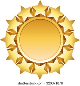 Round golden vector medal with 3d stars. Vector illustration