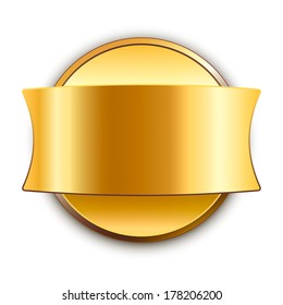 Round golden vector medal with shadow. Event background.