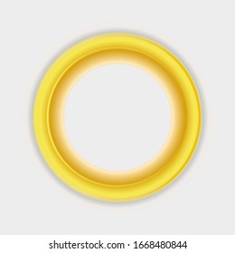 Round golden wide frame on a white background. Gradient metallic shine, glare and lighting effects. Center is the place for text. Vector illustration for design greeting cards, greetings, flyers.