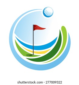 Round golf emblem with a ball and a flag on the green field