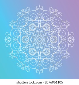 Round gorgeous mandala on dreamy gradient background. Vector hipster design in magic colors. Yoga style template.
